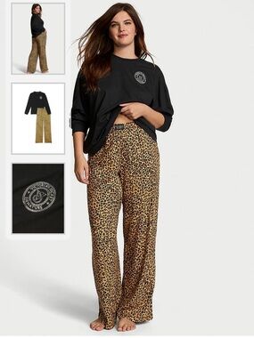 VS Glam Leopard Long Sleeve T-Shirt Flannel Pajama Set Large